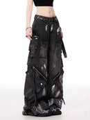 Punk Gothic Alternative Multi-Pocket Washed Out Black Jeans Pants Unisex Flared Wide Leg Pants