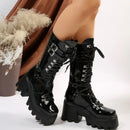Goth Punk Emo Platform Wedge Lace Up Buckles Black Women's Boots