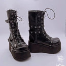 Goth Punk Women's Round Toe Platform Wedges Buckles Black Boots