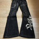 Punk Goth Emo Grunge High Waist Embroidered Pattern Flared Wide Leg Women's Distressed Jeans