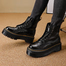 Women's Martin style boots leather platform boots motorcycle shoes front zipper light bottom punk comfortable winter boots.