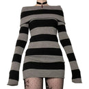 Goth Punk Striped Black Grey Bodycon Long Sleeve Mini Short Dress