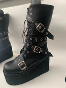 Goth Punk Women's Round Toe Platform Wedges Buckles Black Boots