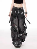 Punk Gothic Alternative Multi-Pocket Washed Out Black Jeans Pants Unisex Flared Wide Leg Pants