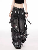 Punk Gothic Alternative Multi-Pocket Washed Out Black Jeans Pants Unisex Flared Wide Leg Pants
