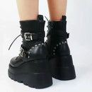 Round Toe Lace Up Shoes Woman Motorcycle Platform Black Punk Goth Boots