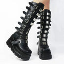 Gothic Platform Wedges Buckles Straps Calf High Black Women's Boots