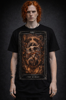 Young Savage Tarot Series Number 21 The World Goth Punk Alternative Black Cotton T-Shirt