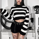 Women's Goth Punk Black & White Striped Long Sleeved Crop Top Sweater