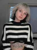 Women's Goth Punk Black & White Striped Long Sleeved Crop Top Sweater