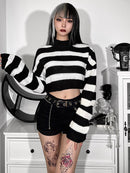 Women's Goth Punk Black & White Striped Long Sleeved Crop Top Sweater