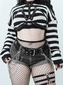 Women's Goth Punk Black & White Striped Long Sleeved Crop Top Sweater