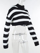 Women's Goth Punk Black & White Striped Long Sleeved Crop Top Sweater