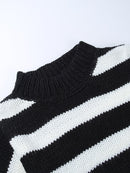 Women's Goth Punk Black & White Striped Long Sleeved Crop Top Sweater