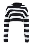 Women's Goth Punk Black & White Striped Long Sleeved Crop Top Sweater
